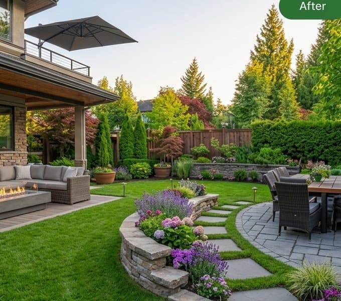 Lush, landscaped backyard after Gardina's makeover