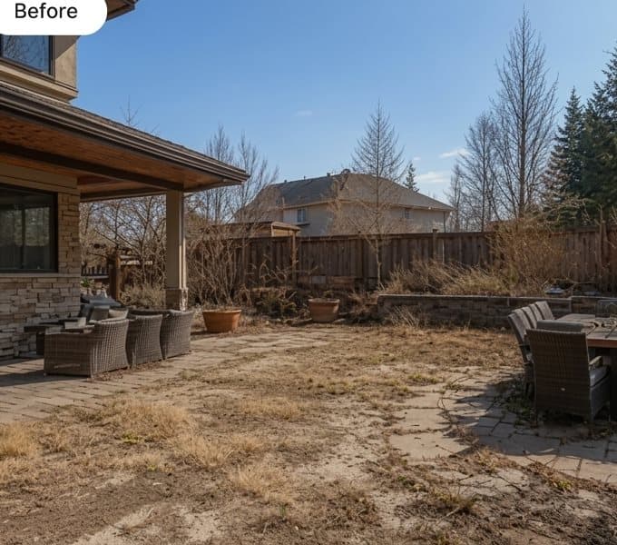 Bare, tired backyard before Gardina's makeover