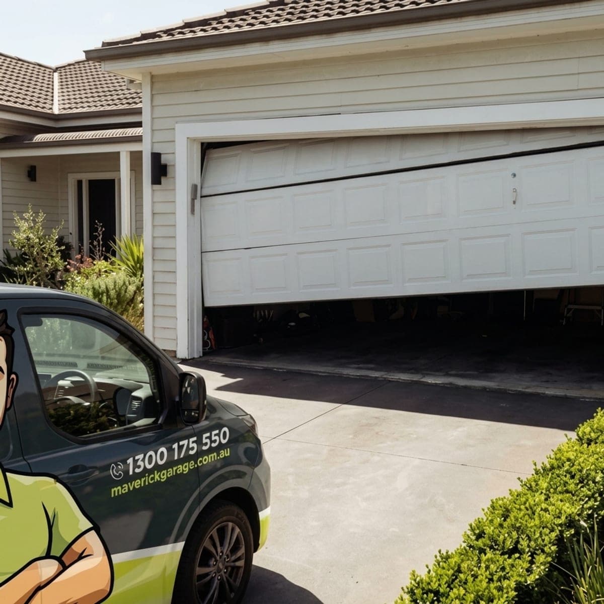 Maverick technician's service vehicle parked in front of an open garage door awaiting repair