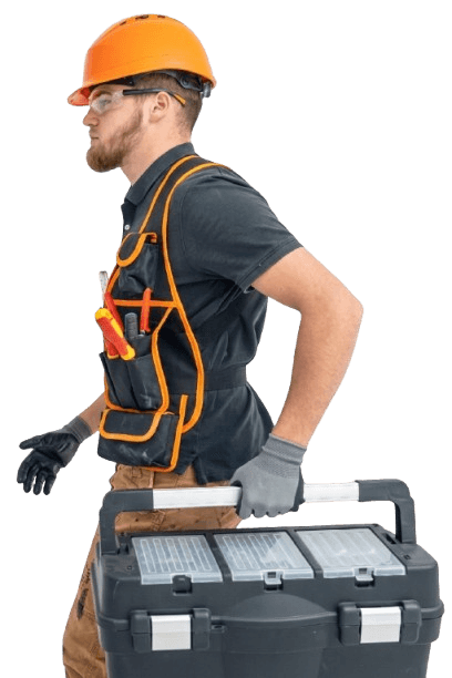 Electrician in orange hard hat carrying a toolbox, ready for a job