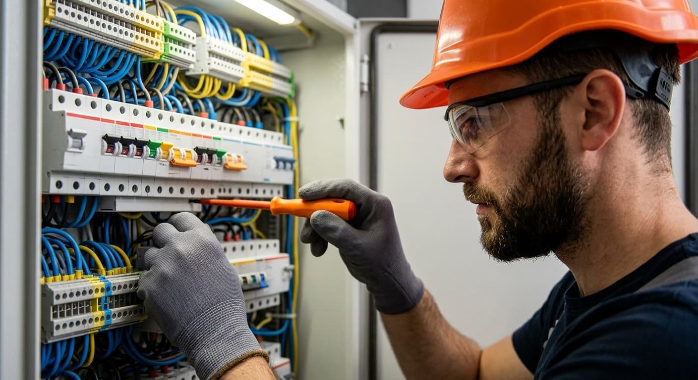 Electrician performing a detailed inspection of a live circuit breaker panel