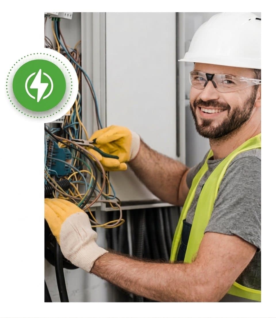 Electrician smiling while stripping wires inside an electrical panel