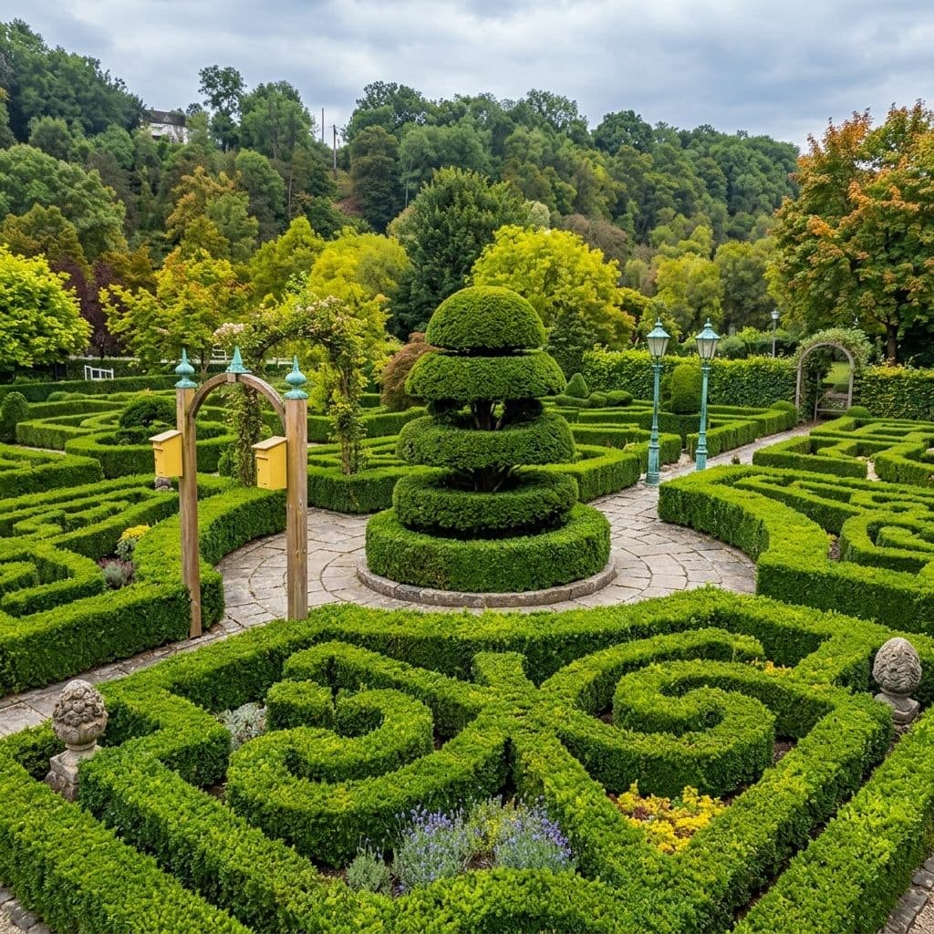 Neatly trimmed topiary garden with stone pathways