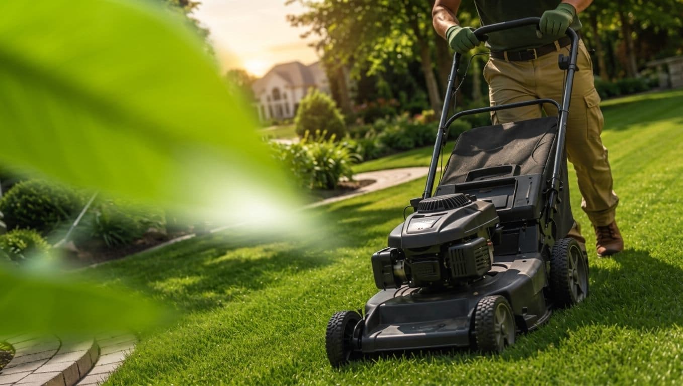 Landscaper mowing a lush green lawn