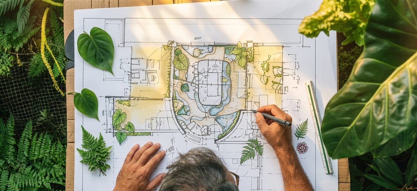 Landscape architect sketching a garden design plan