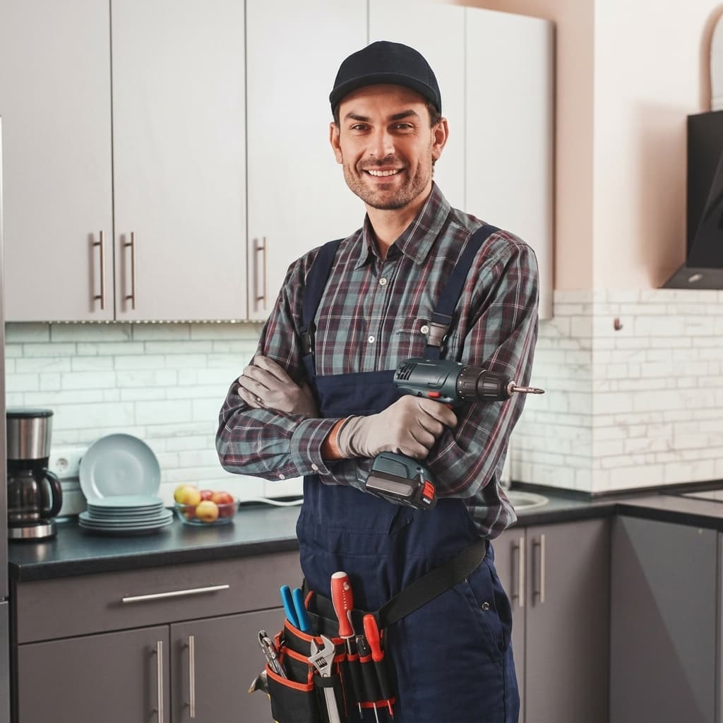 Plumber smiling while holding a drill